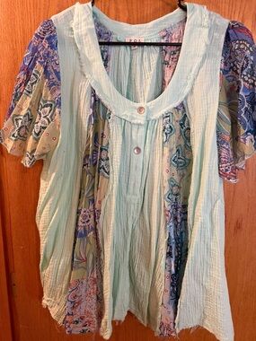 POL Mint Green Patchwork Boho Tunic Top